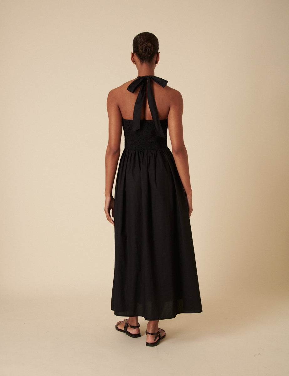 Black Shirred Halter Neck Tizzy Midi Dress