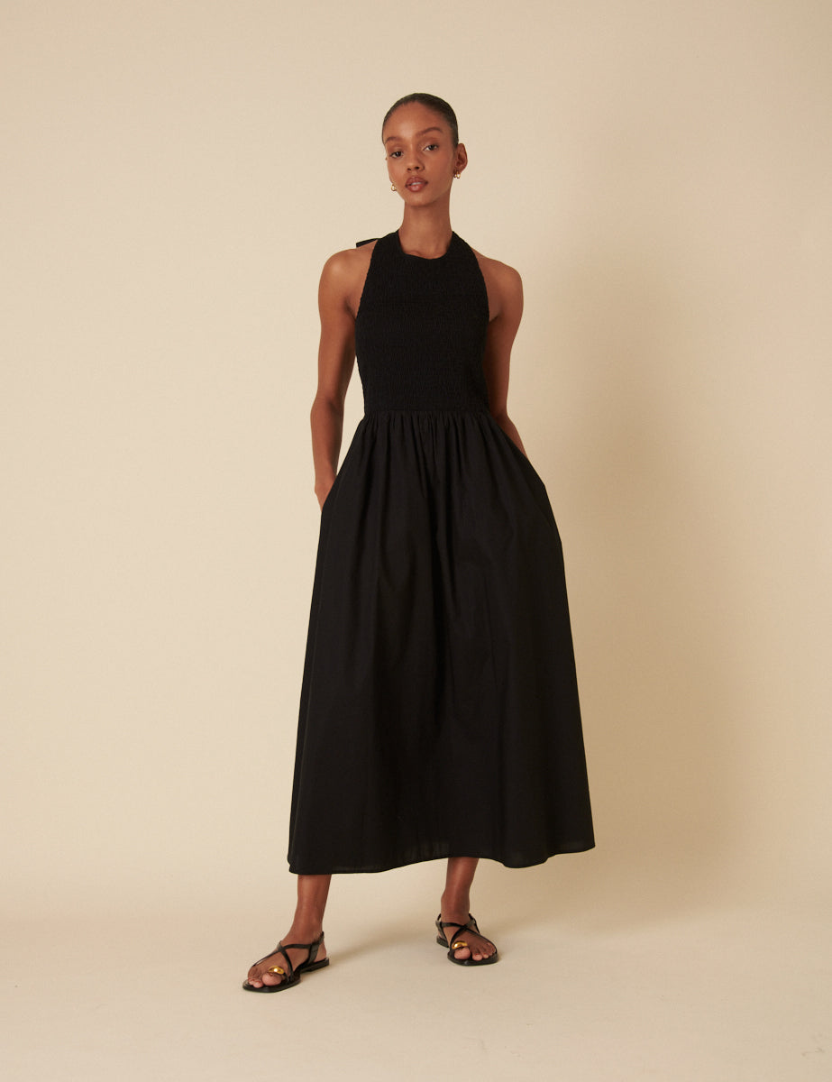 Black Shirred Halter Neck Tizzy Midi Dress