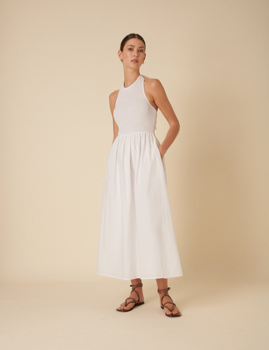 White Shirred Halter Neck Tizzy Midi Dress