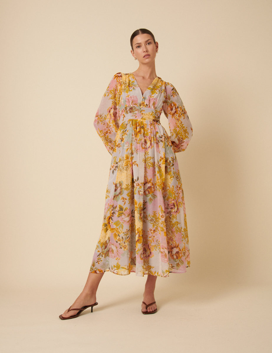 Yellow And Blue Floral Aine Midi Dress