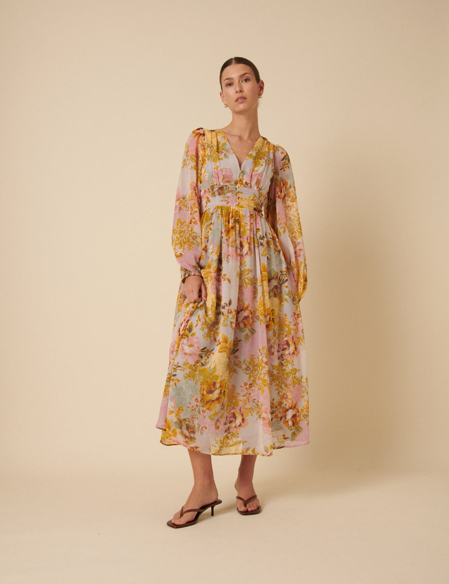 Yellow And Blue Floral Aine Midi Dress