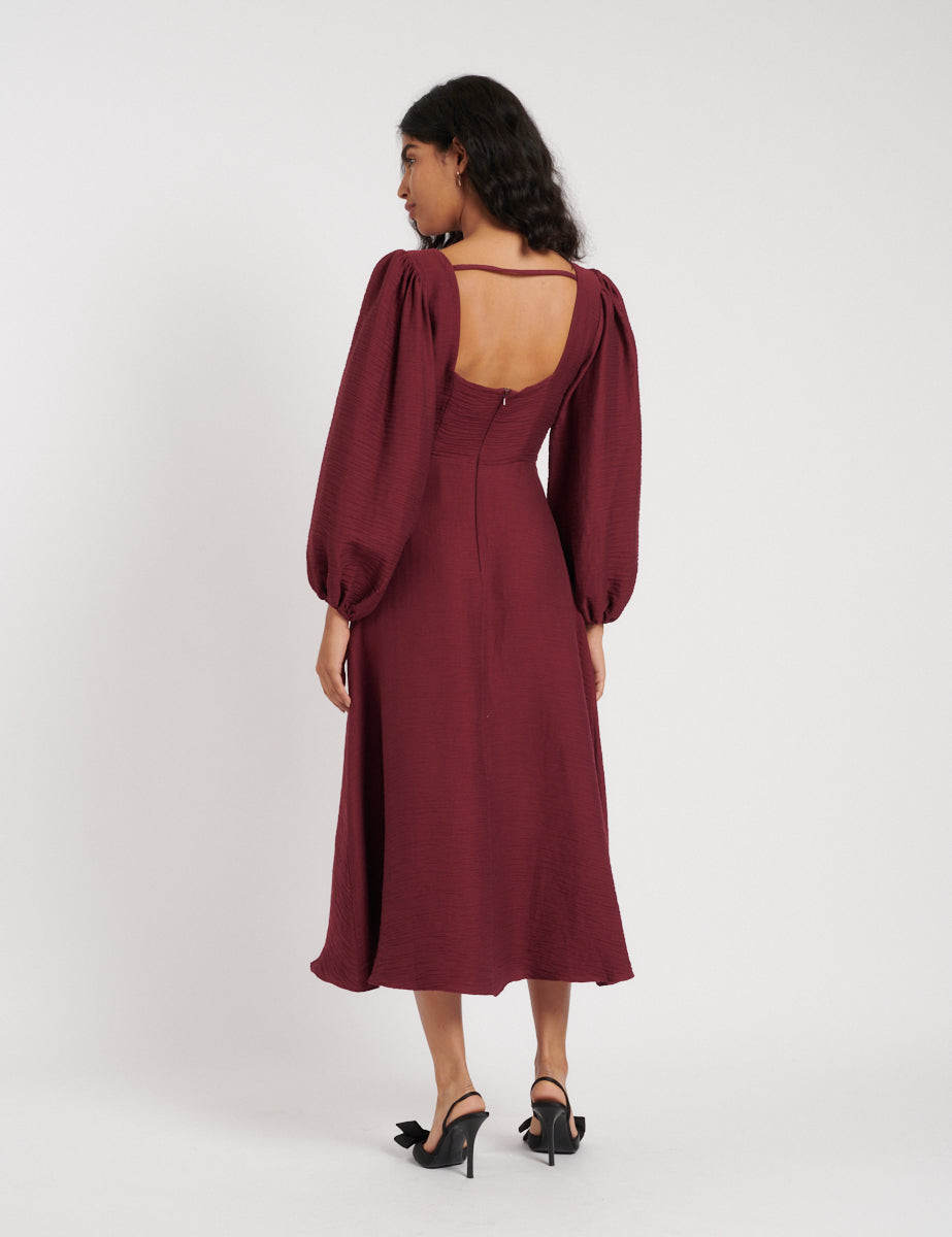 Burgundy Balloon Sleeve Loredana Midi Dress