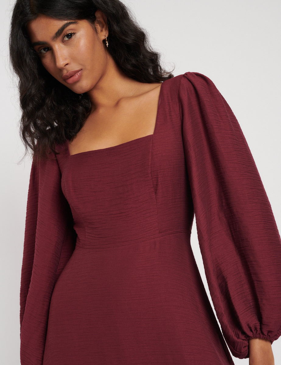 Burgundy Balloon Sleeve Loredana Midi Dress