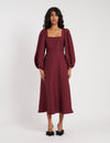 Burgundy Balloon Sleeve Loredana Midi Dress