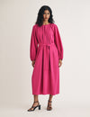 Pink Gathered Tie Waist Mayall Midi Dress