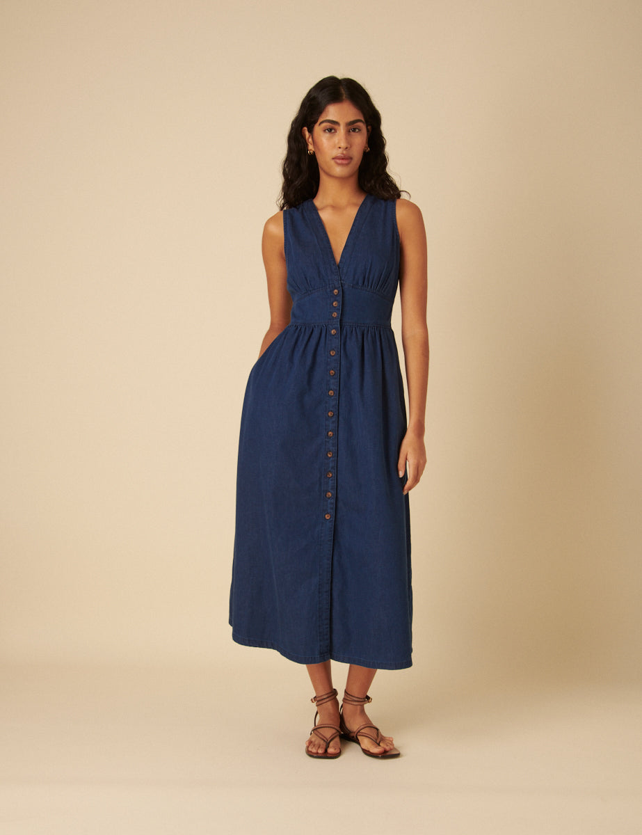 Dark Wash Denim Button Down Sleeveless Starlight Dress