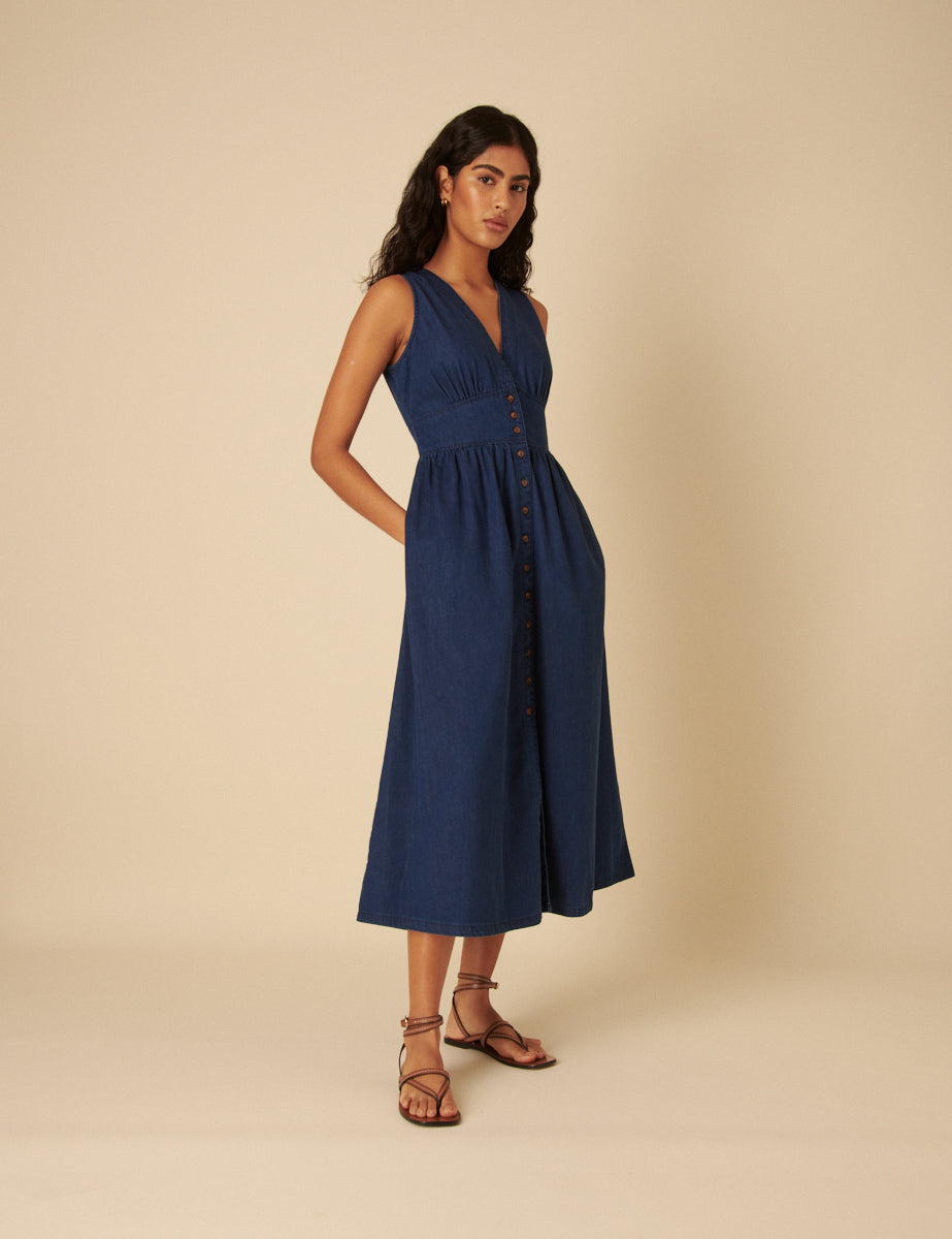 Dark Wash Denim Button Down Sleeveless Starlight Dress