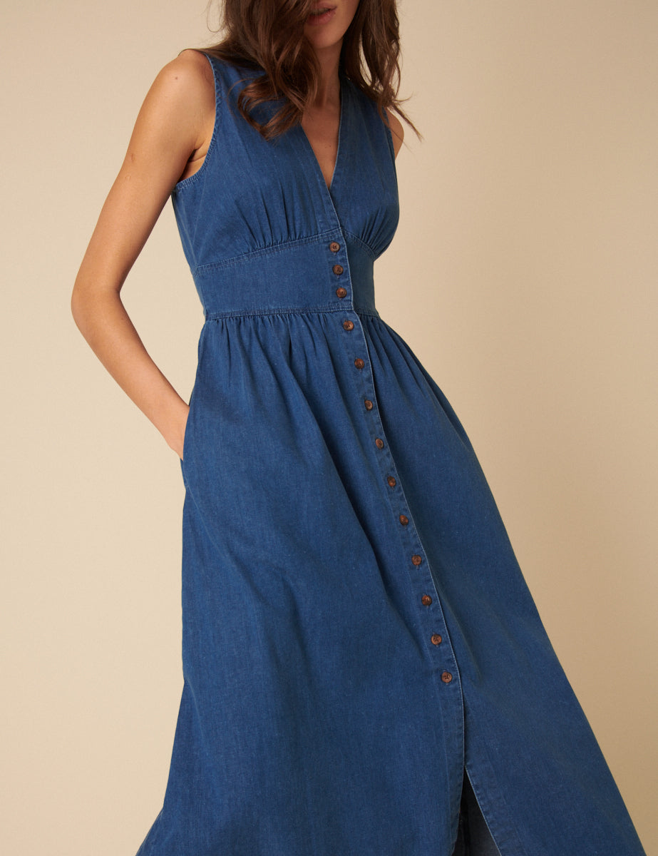 Mid Wash Denim Button Down Sleeveless Starlight Dress