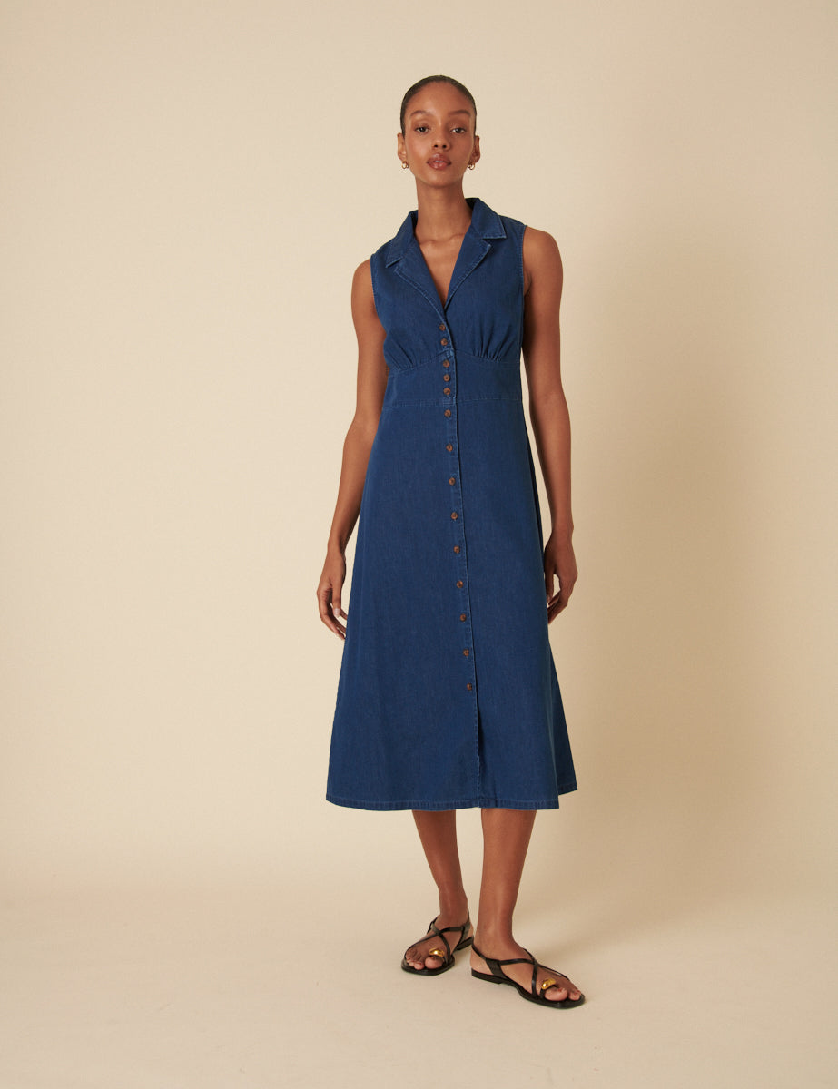 Dark Wash Denim Collared Button Down Sleeveless Betsie Dress