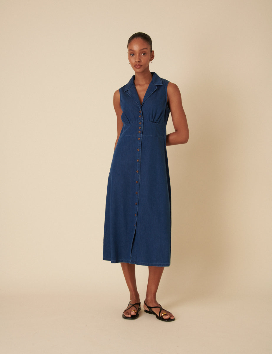 Dark Wash Denim Collared Button Down Sleeveless Betsie Dress