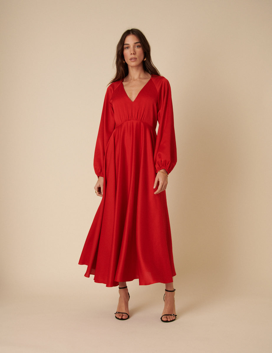 Red Balloon Sleeve Ace Maxi Dress