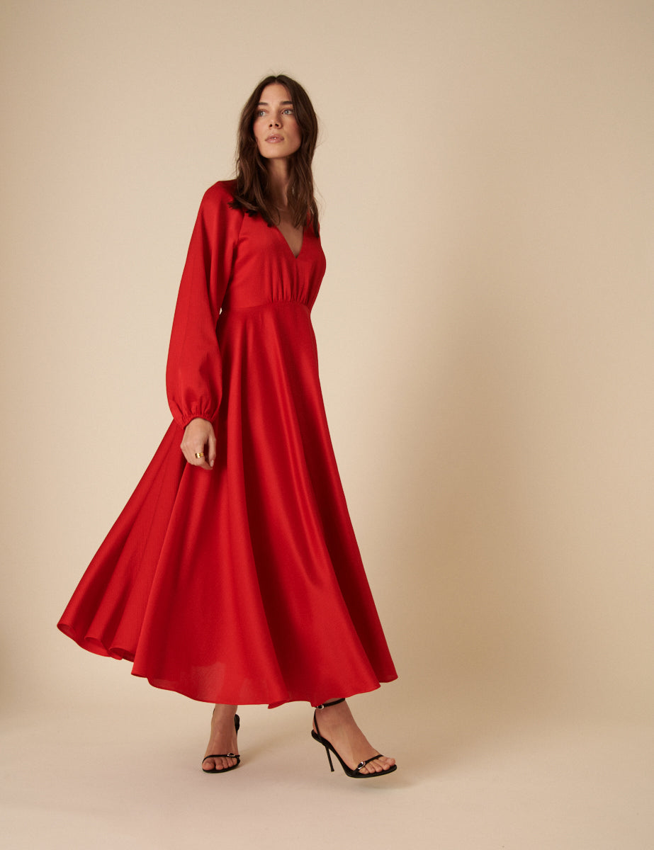 Red Balloon Sleeve Ace Maxi Dress