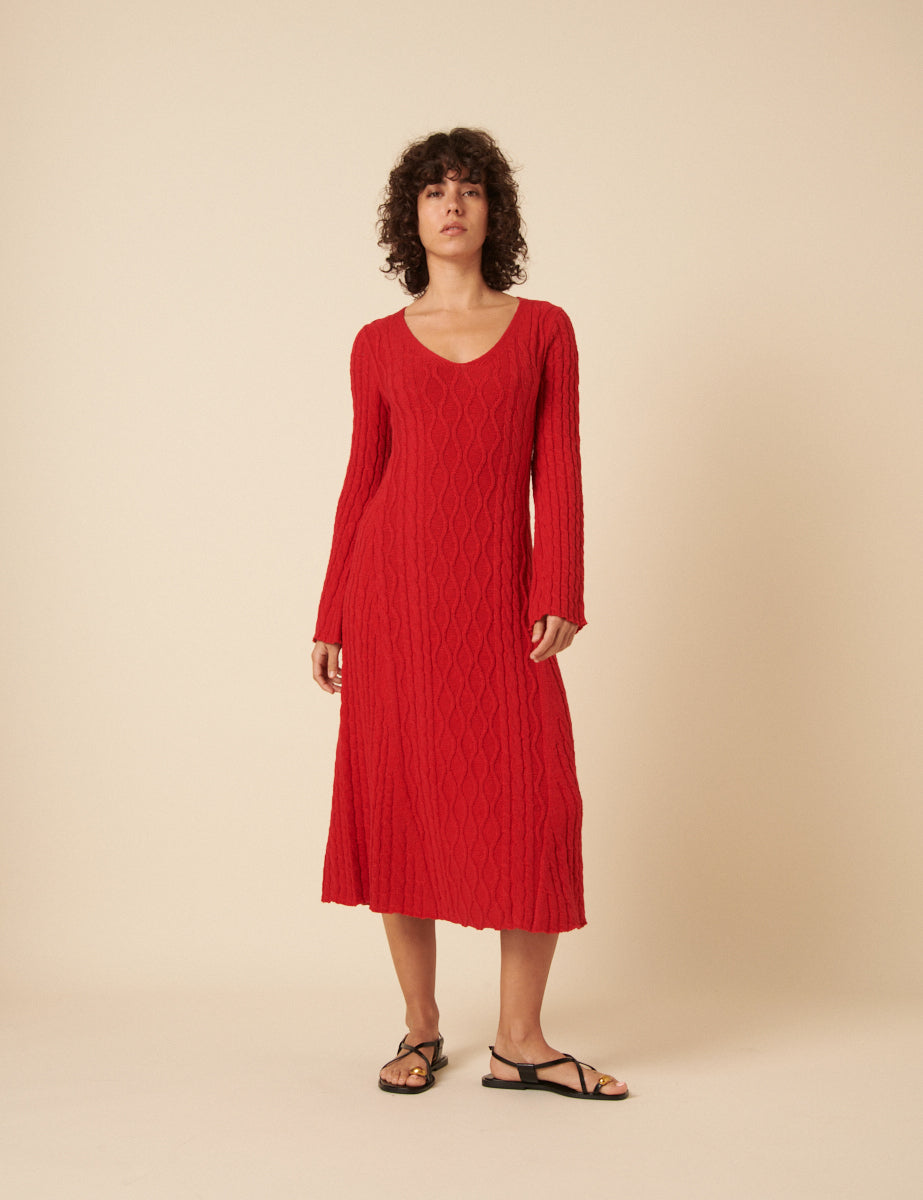 Red Cable Knit A-Line Knitted Dress