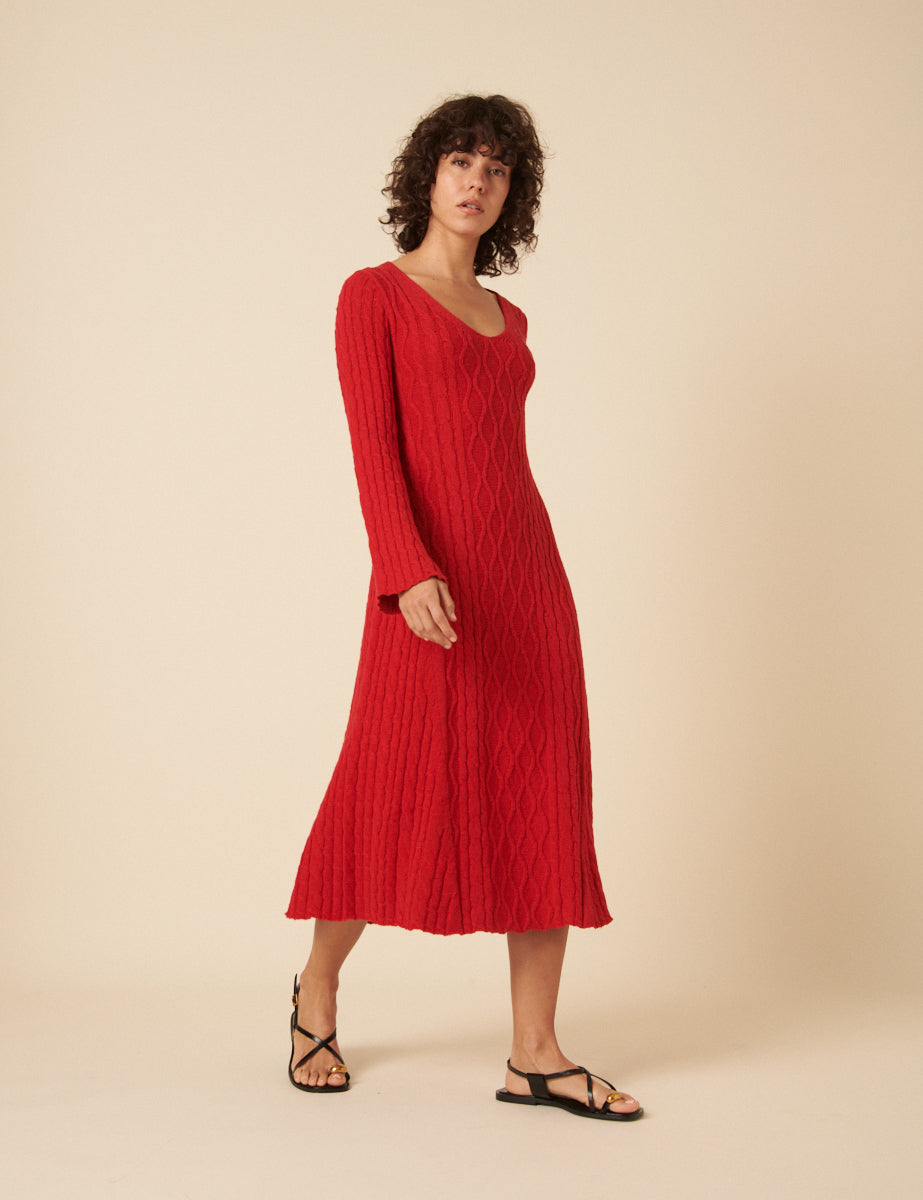 Red Cable Knit A-Line Knitted Dress