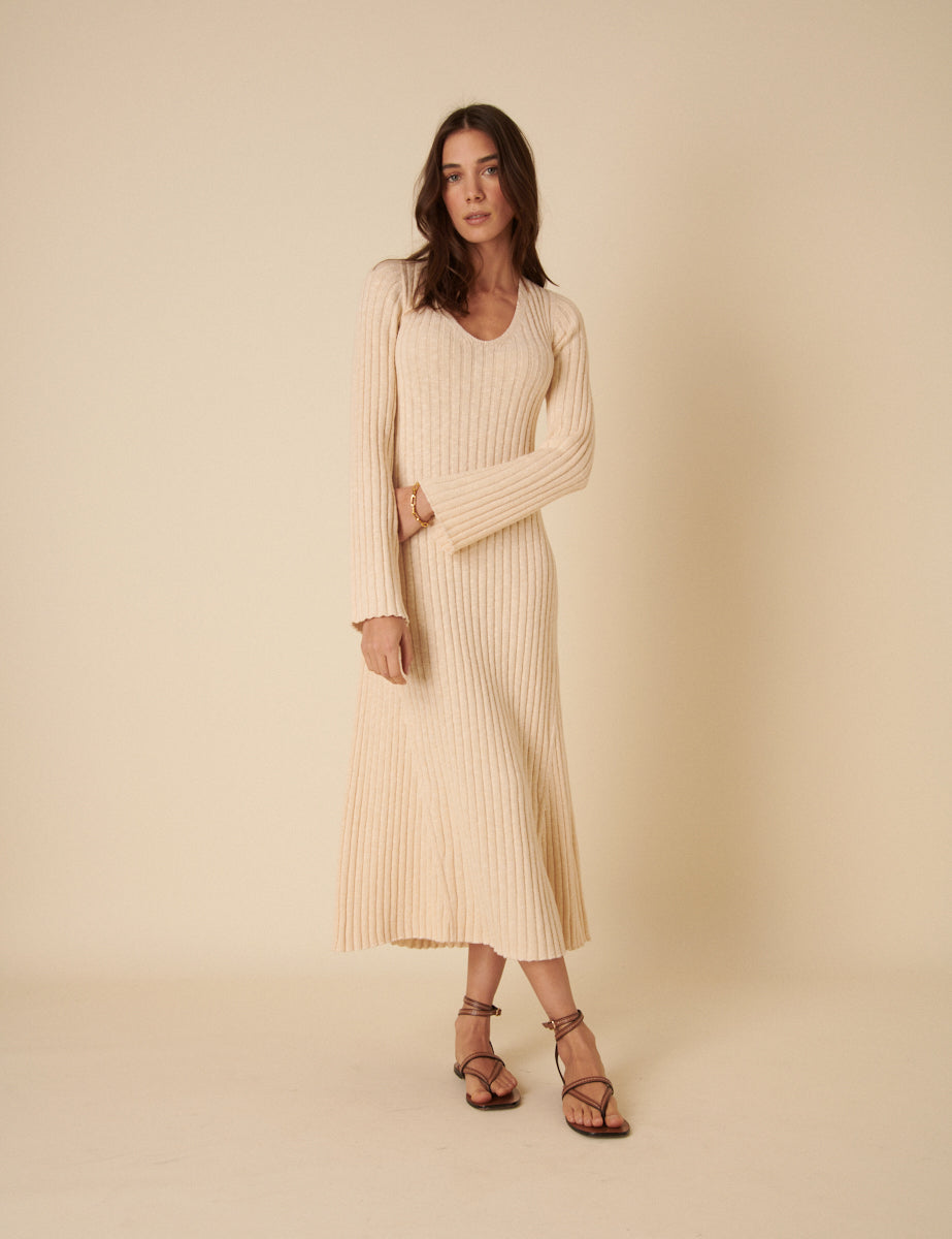 Beige A-Line Knitted Dress