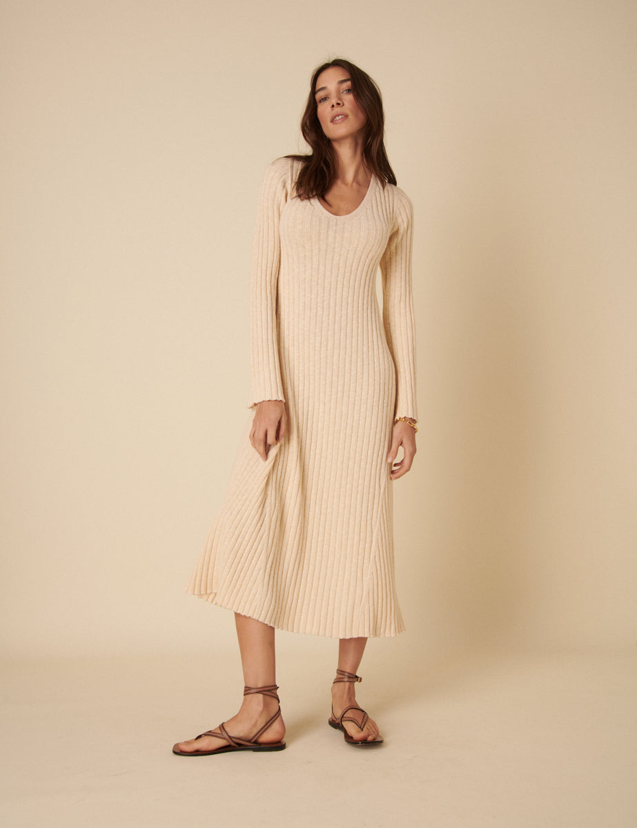 Beige A-Line Knitted Dress