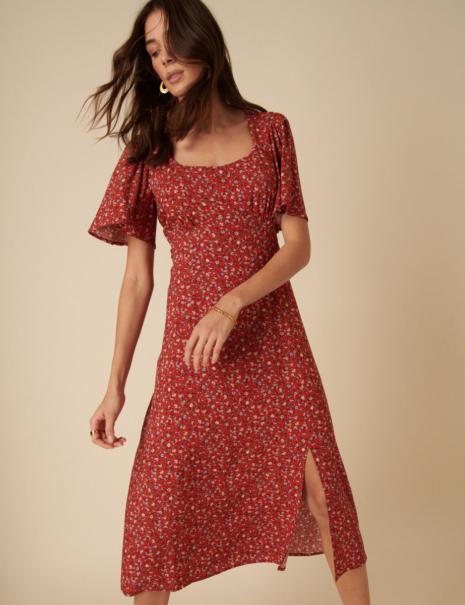 Red Ditsy Floral Dee Dee Midi Dress