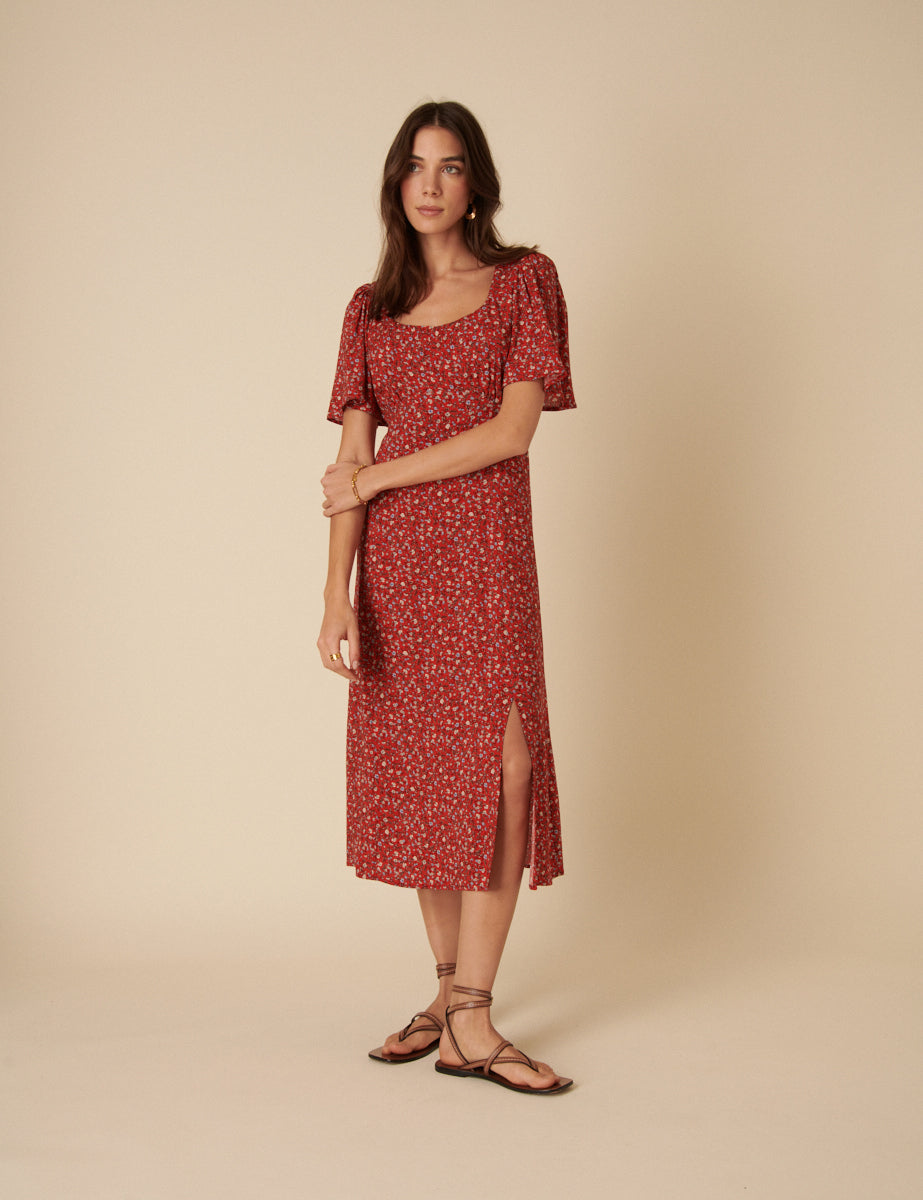 Red Ditsy Floral Dee Dee Midi Dress