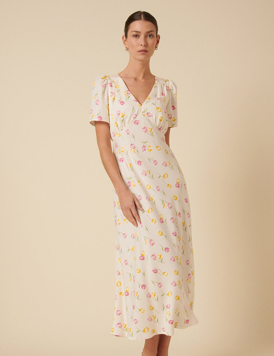 Cream Floral Printed Flora Midi Dress