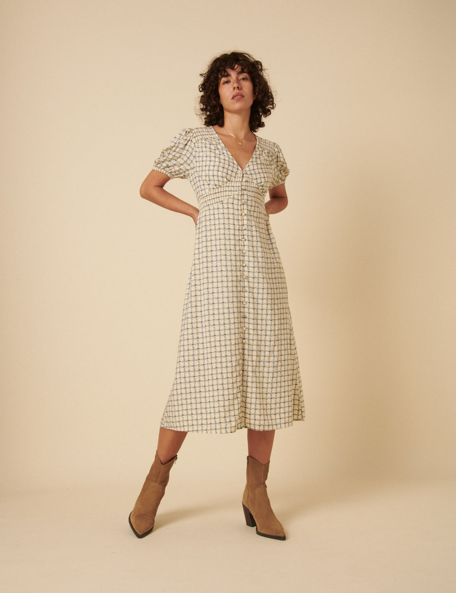 White Floral Check Lucinda Midi Dress