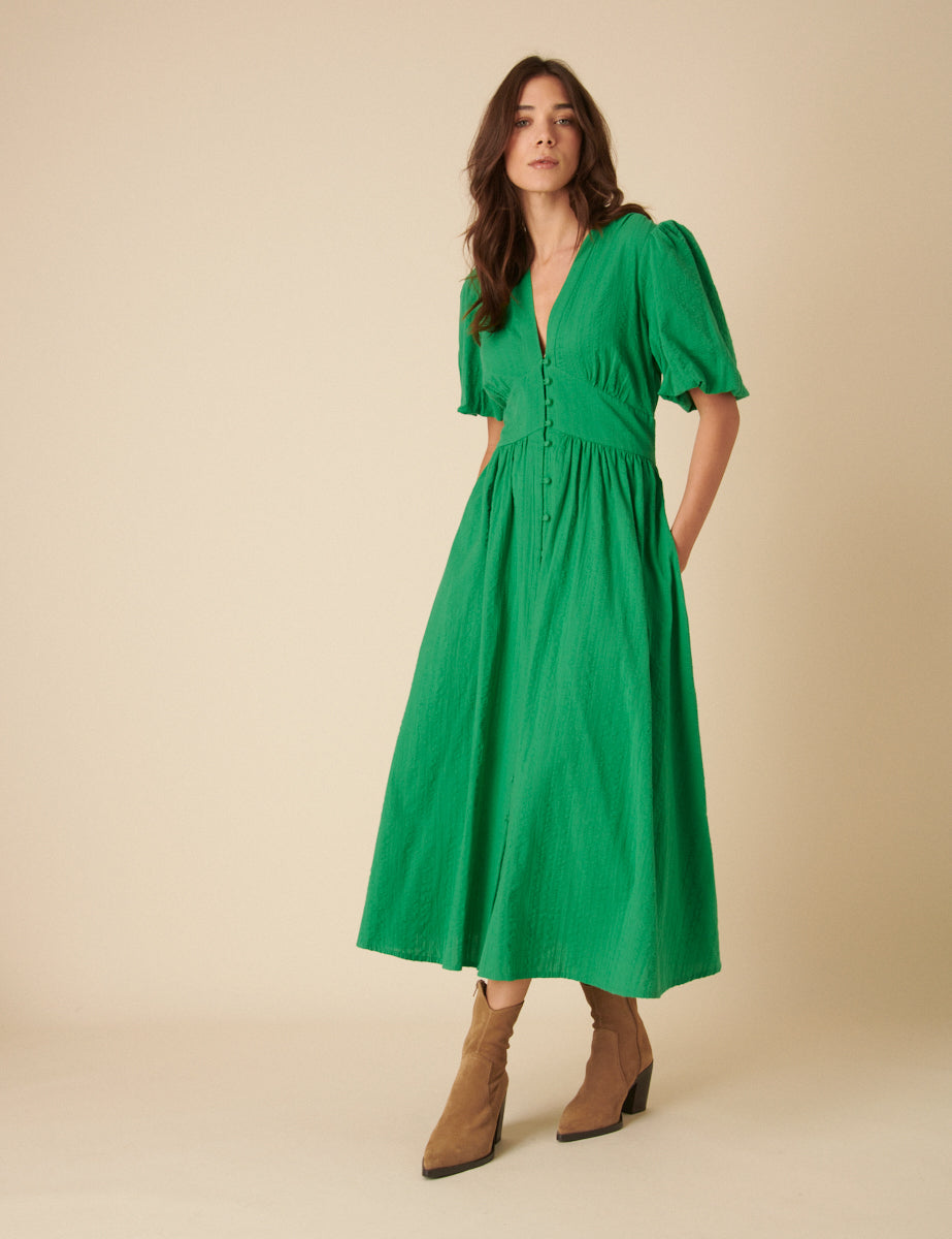 Green Short Sleeve Starlight Midi Dress