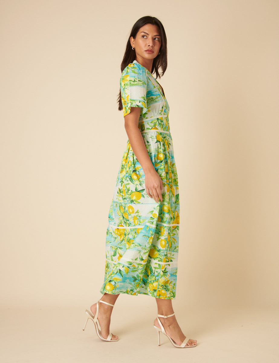 Green Lemon Print Sorcha Midi Dress