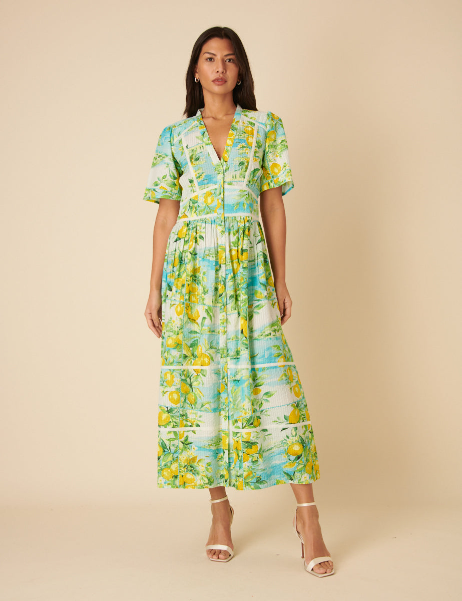 Green Lemon Print Sorcha Midi Dress