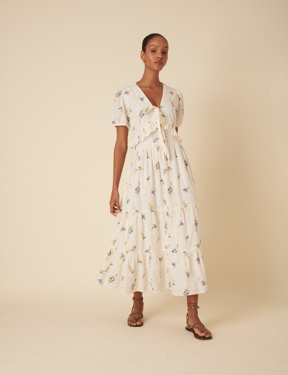 White Ditsy Floral Tiered Katie Midi Dess