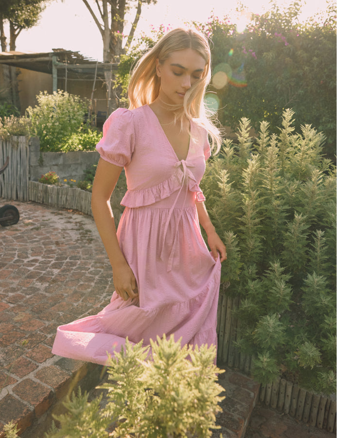 Pink Ruffle Tiered Katie Midi Dress