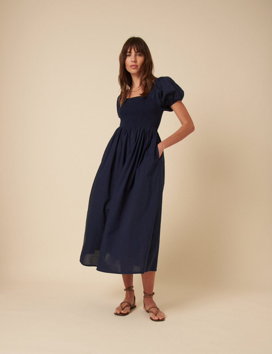 Navy Puff Sleeve Shirred Tasmin Midi Dress