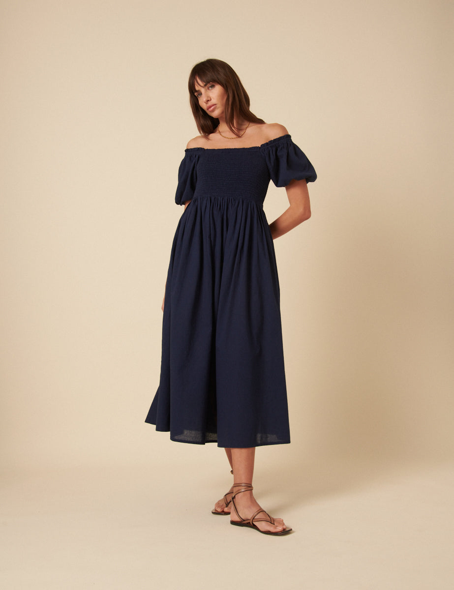 Navy Puff Sleeve Shirred Tasmin Midi Dress