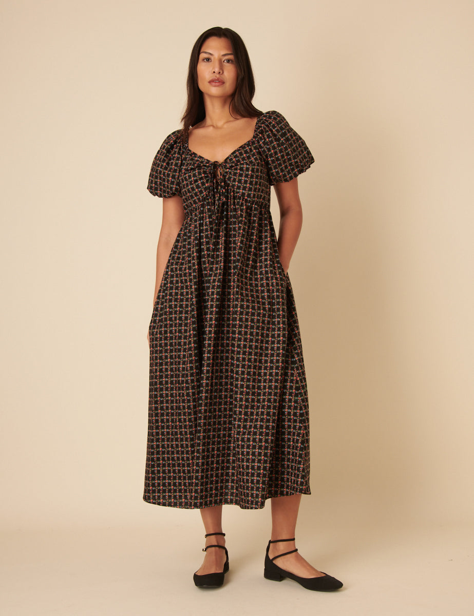 Black Floral Check Joanna Midi Dress