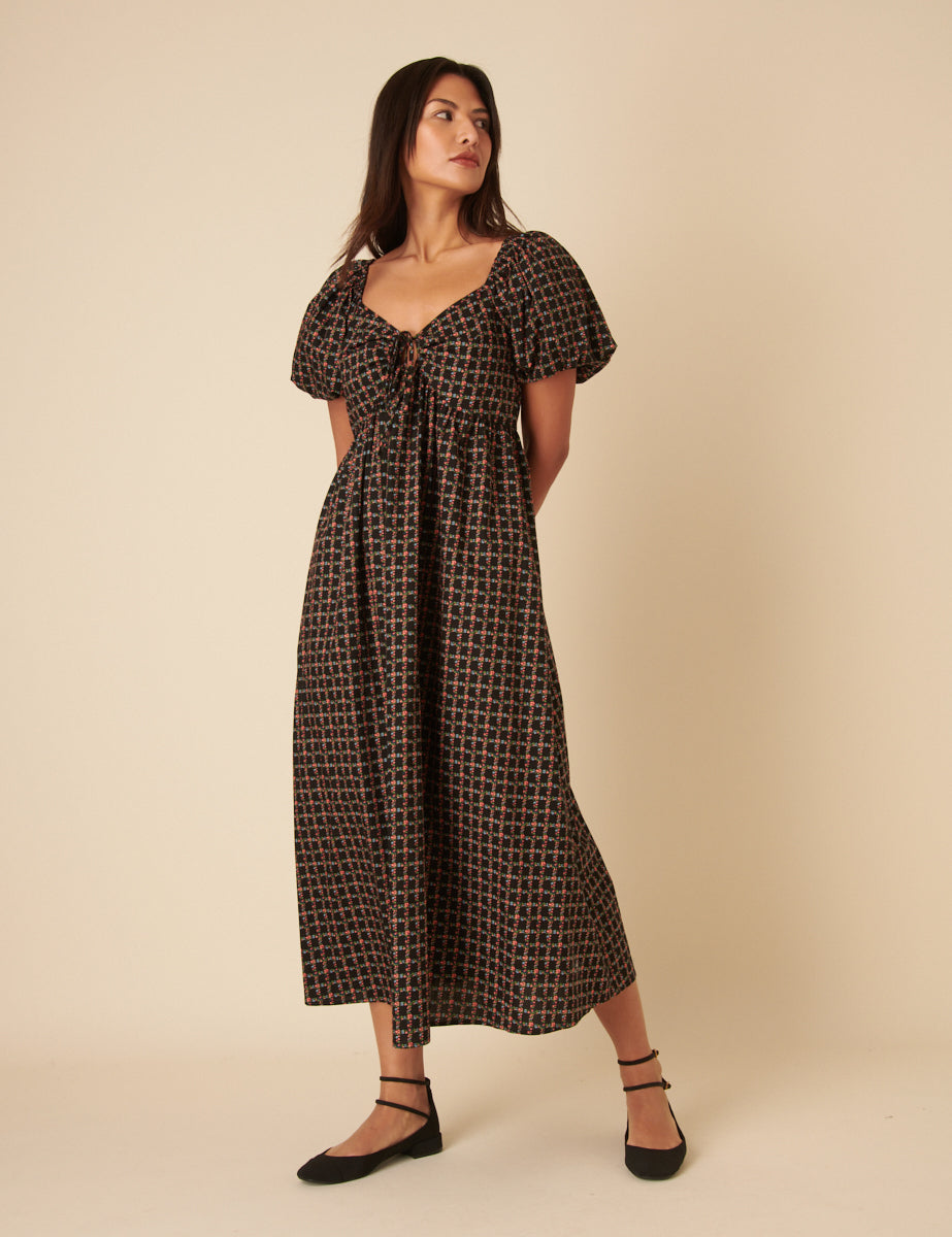 Black Floral Check Joanna Midi Dress