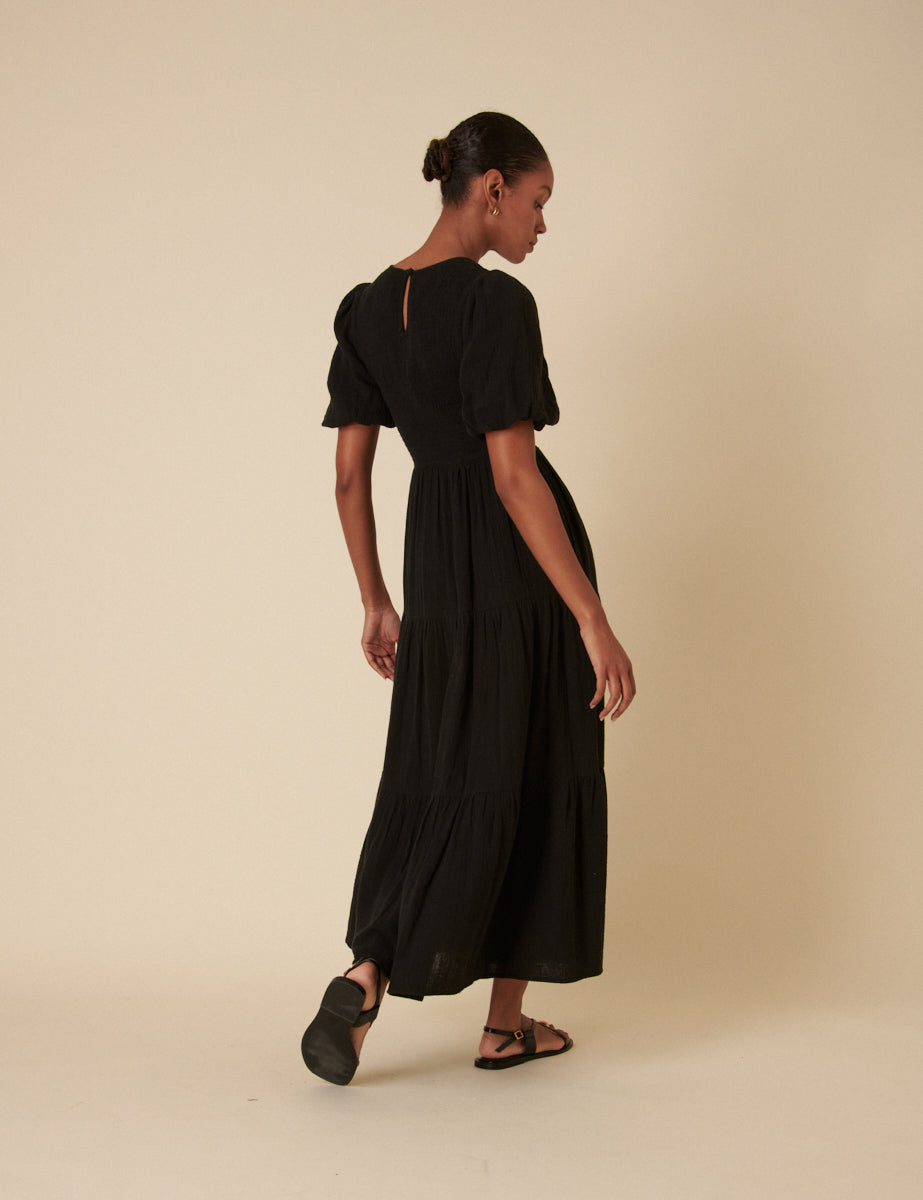 Black Tiered Charlie Puff Sleeve Midi Dress