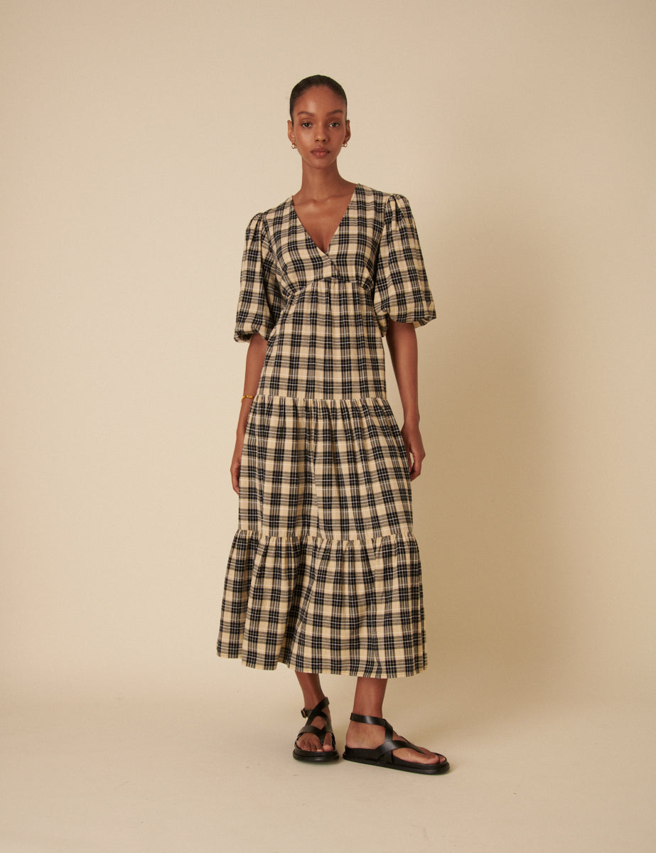 Black And Beige Check Puff Sleeve Tiered Roselena Midi Dress