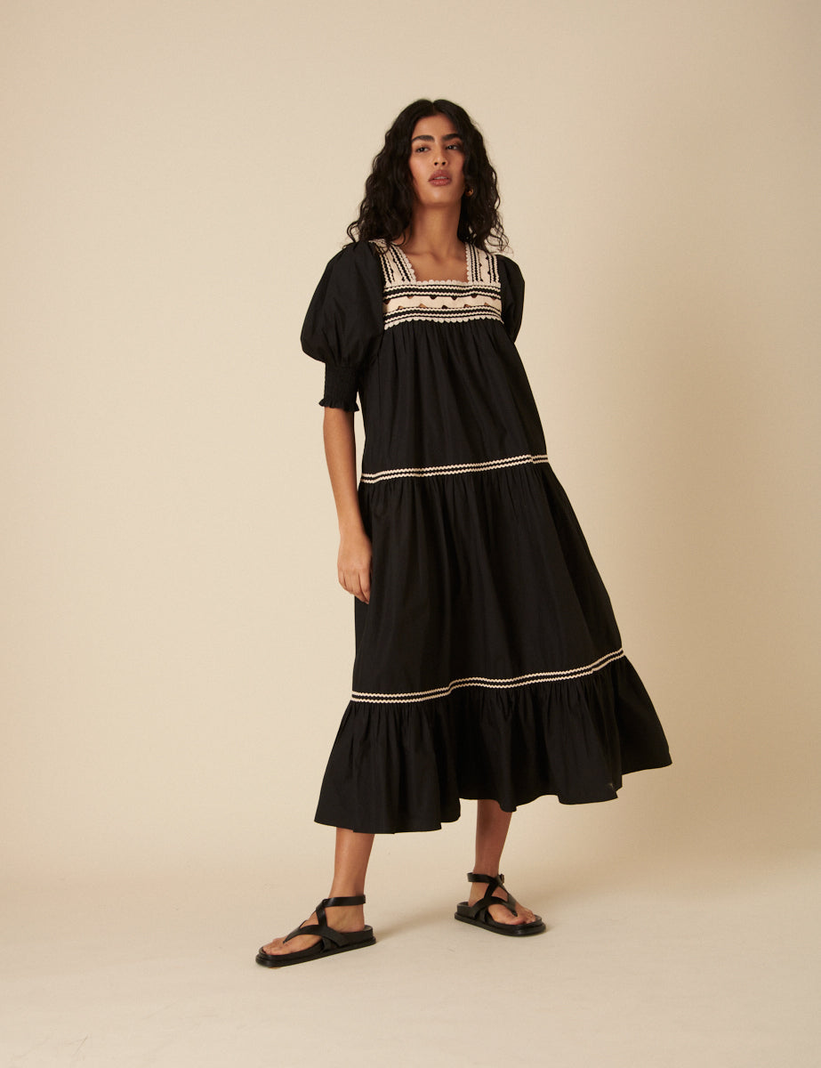 Black Crochet Tiered Karla Midi Dress