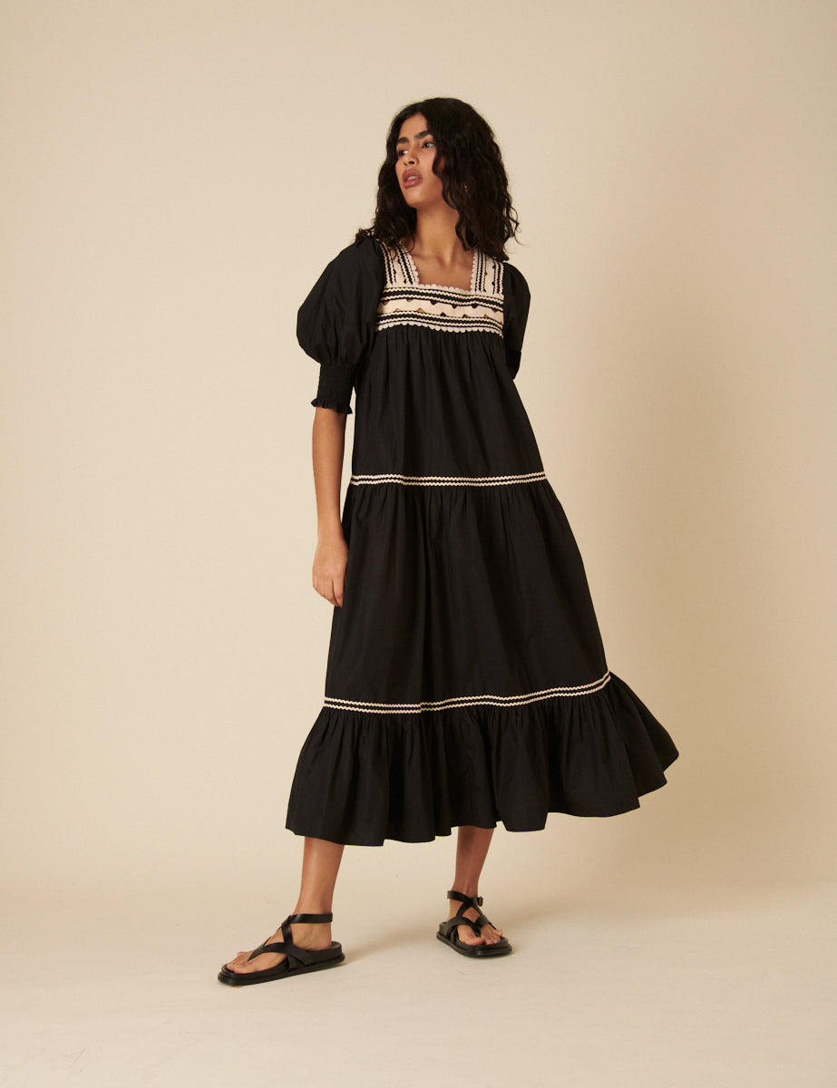 Black Crochet Tiered Karla Midi Dress