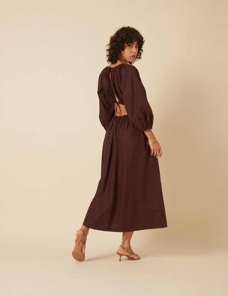 Brown Balloon Sleeve Agatha Midi Dress