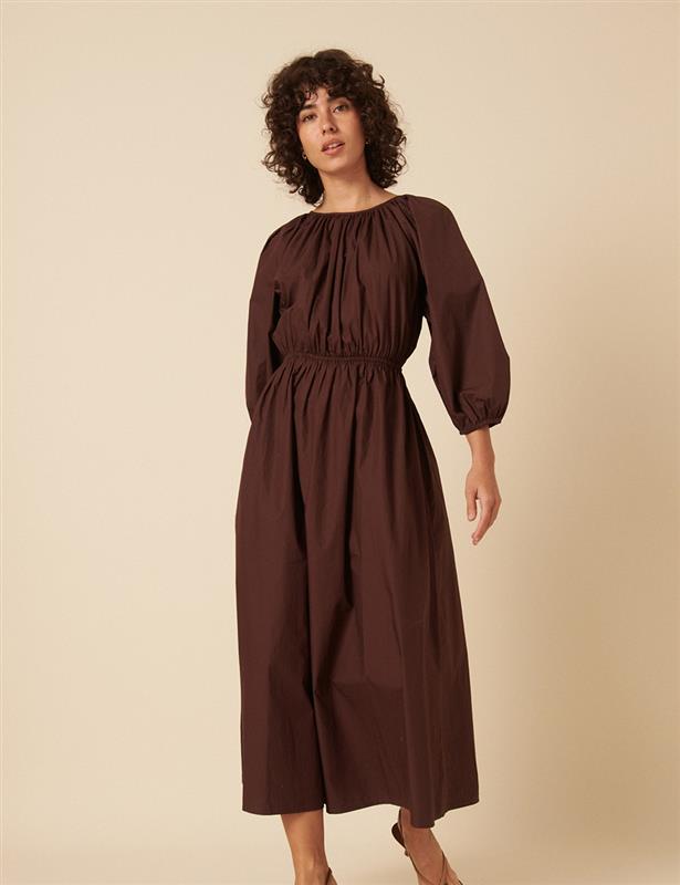 Brown Balloon Sleeve Agatha Midi Dress