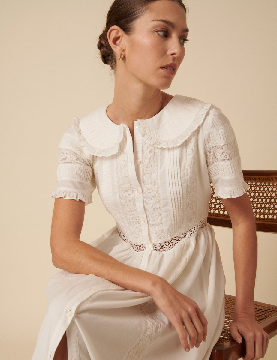 White Collar Broderie Orla Midi Dress