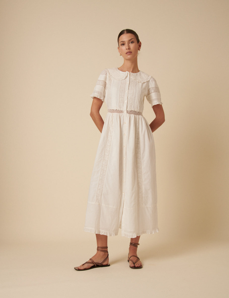 White Collar Broderie Orla Midi Dress