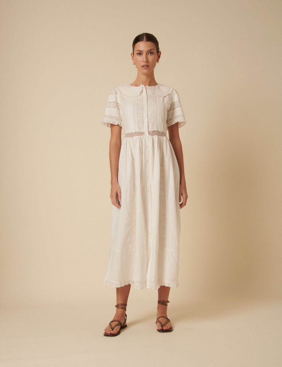 White Collar Broderie Orla Midi Dress