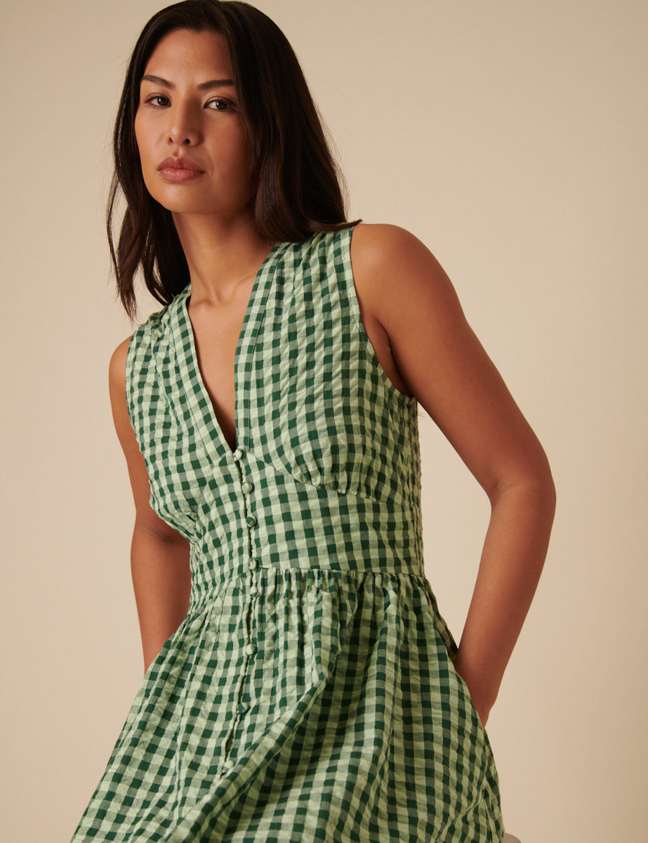 Green Gingham Sleeveless Starlight Midi Dress