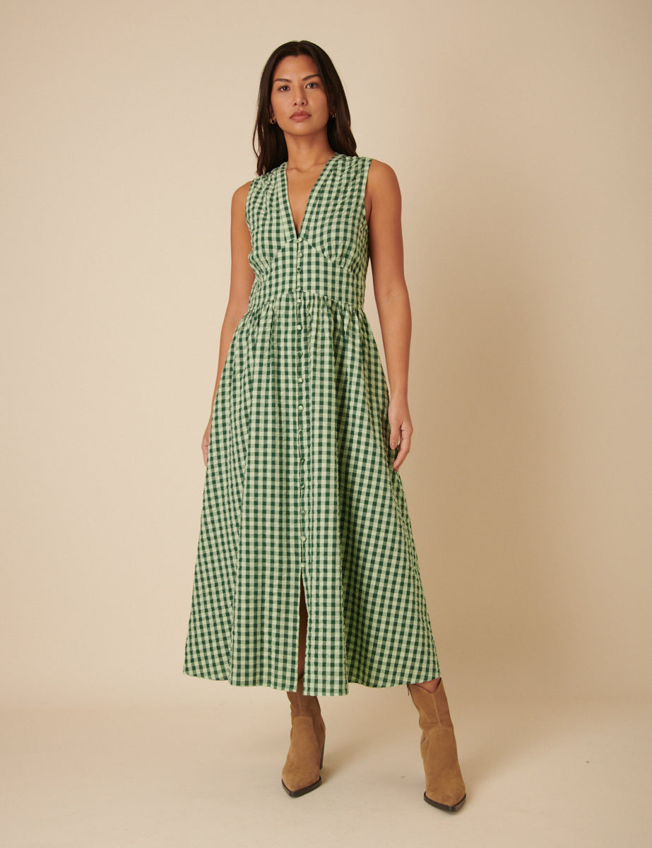 Green Gingham Sleeveless Starlight Midi Dress