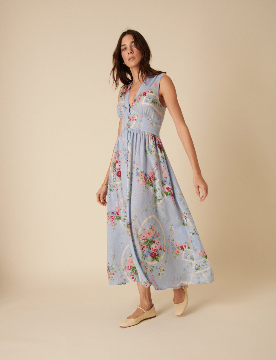 Blue Floral Sleeveless Starlight Midi Dress