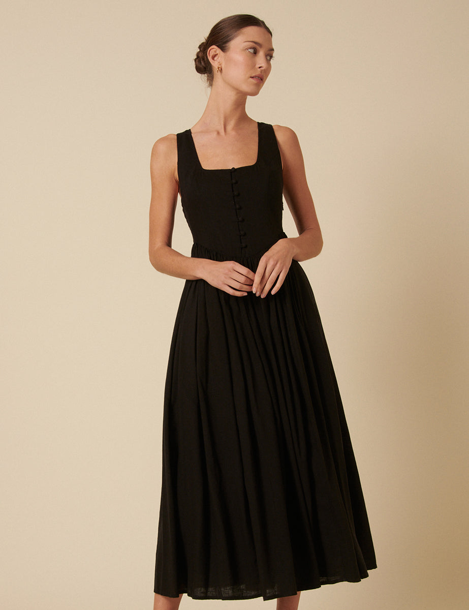 Black Drop Waist Cora Midi Dress