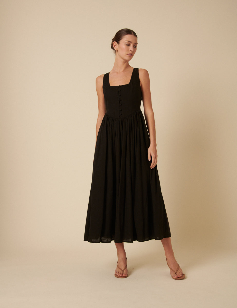 Black Drop Waist Cora Midi Dress