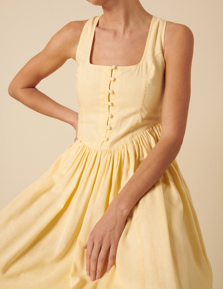 Butter Yellow Linen-blend Cora Midi Dress