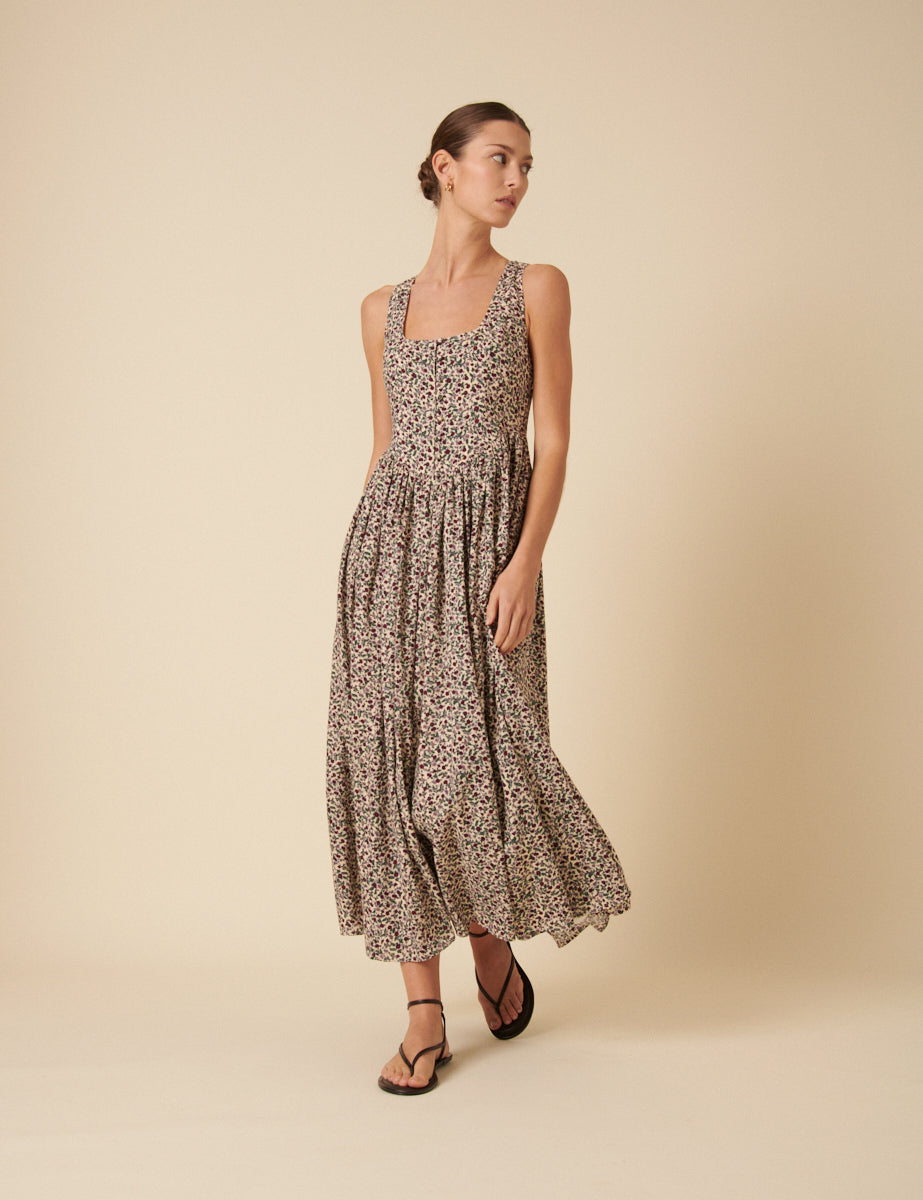 White Linen-blend Ditsy Floral Cora Midi Dress