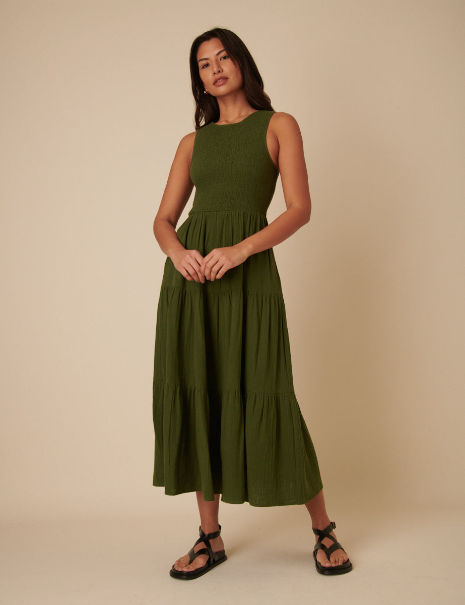 Green Sleeveless Tiered Charlie Midi Dress